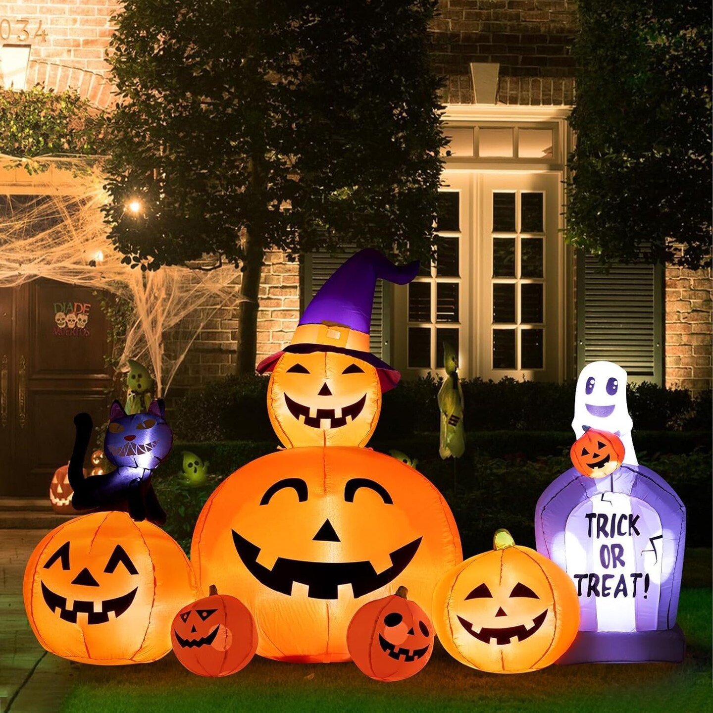 Halloween Inflatables Outdoor Decorations Scary Pumpkin with Witch Cat