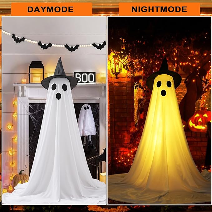 [Timer] 2Packs Halloween Decorations Outdoor, Cute Halloween Decorations Indoor, Spooky Ghost Halloween Decor with Witch Hat, Scary Ghosts Decor with LED Lights for Front Porche Yard Garden Home