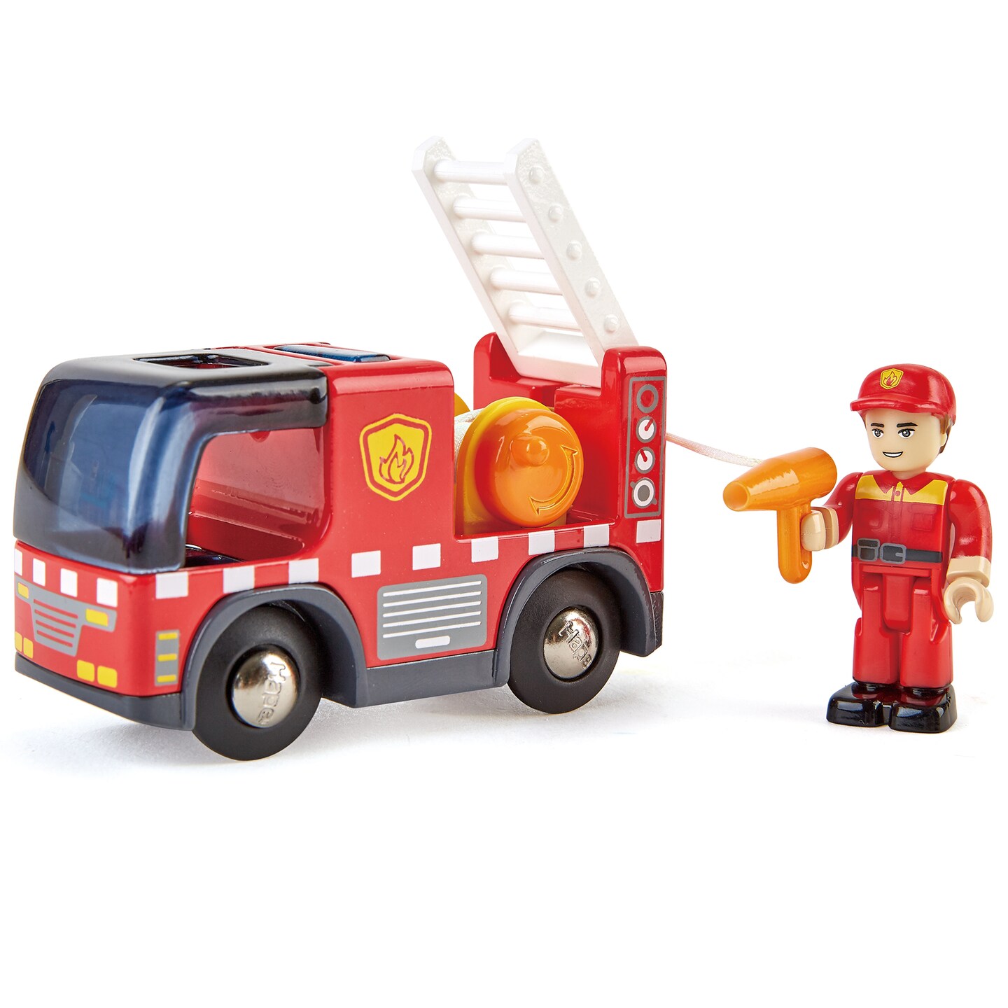Hape: Light &#x26; Sound: Fire Truck With Siren - Red - Engine Toy Recue Vehicle, Firefighter Figurine, Hose Reel &#x26; Ladder, Kids Ages 3+