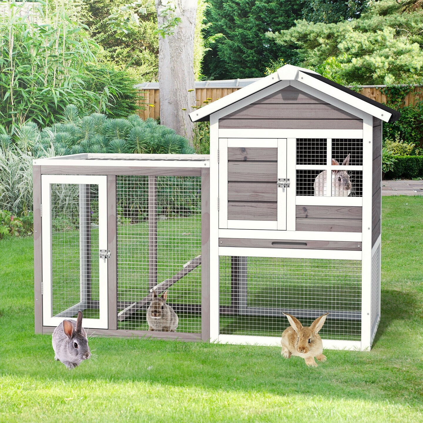 Wooden Rabbit Hutch 2-Story Enclosed Wire Cage Gray Asphalt Roof