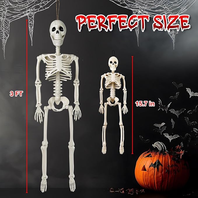 2 Pack Halloween Skeleton Decorations - 16&#x22; and 36&#x22; Poseable Skeletons with Full Body Movable Joints, Indoor and Outdoor Spooky D&#xE9;cor for Halloween Parties, Haunted Houses, and Yard Decorations