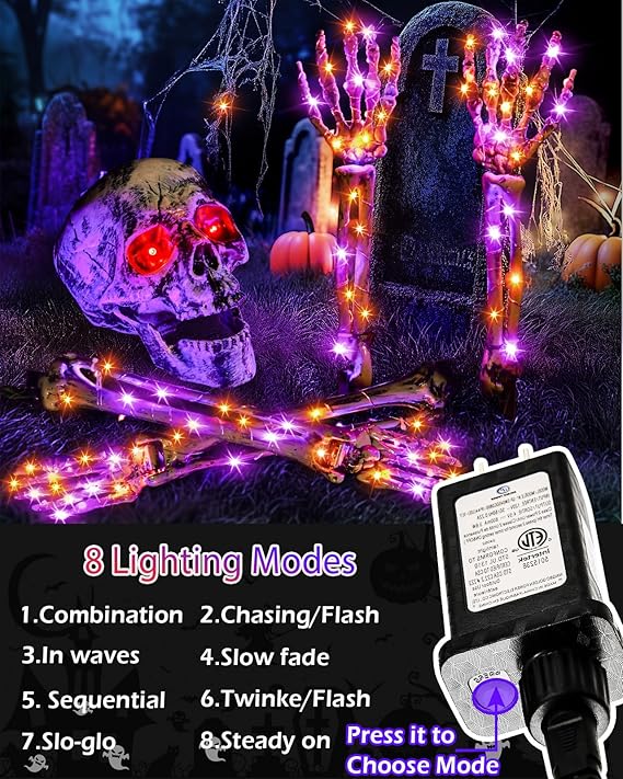 Halloween Decorations Outdoor Skeleton, Realistic Skull 5 Piece Set with 128 LED Lights Graveyard Bone, Glowing Stakes with Limbs for Yard Lawn Garden Party Decor (Orange &#x26; Purple)