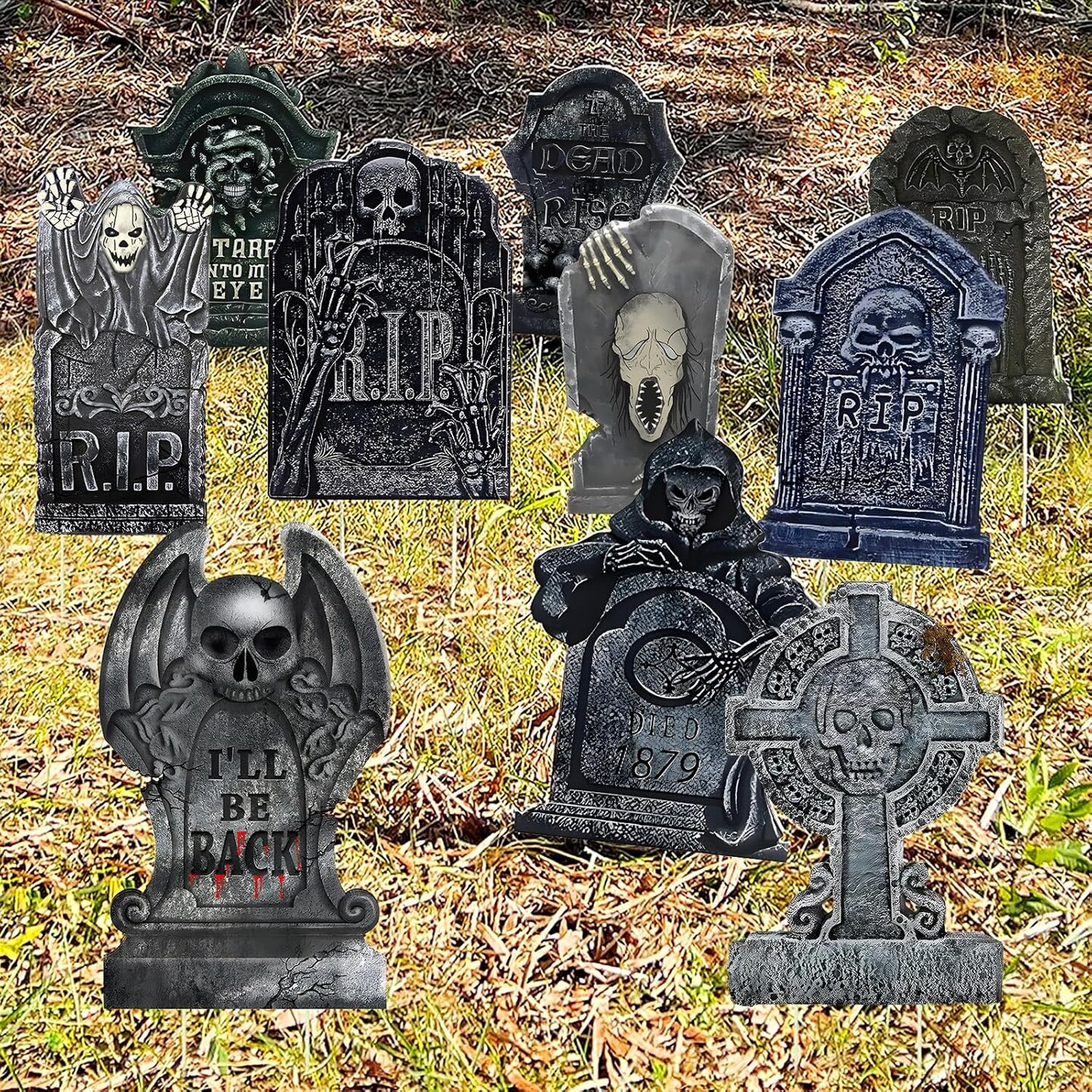 10PCS Halloween Tombstone Decorations Gravestone Decor for Graveyard Headstone Yard Signs Outdoor Lawn Yard Garden Decorations Halloween Yard Stakes