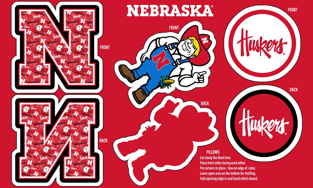 Sykel Enterprises-University of Nebraska Minky DIY Pillow Project. Cut, Sew, and Stuff-Each Panel yields 3 pillows