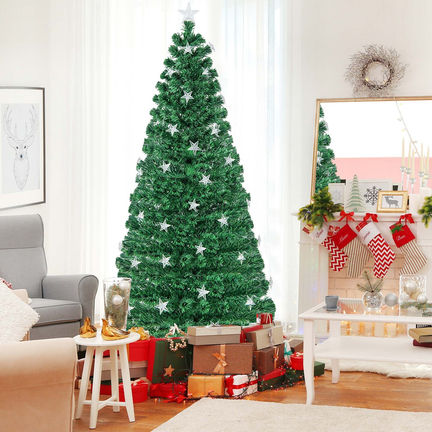 Costway 4/5/6/7 FT Pre-Lit Artificial Xmas Tree with 135/180/230/280 Branch Tips &15/21/30/40 Warm White Star Lights