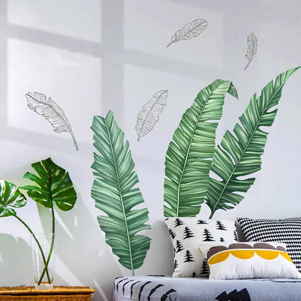 Green Wall Stickers Tropical Banana Leaves Removable PVC Bedroom Decorations