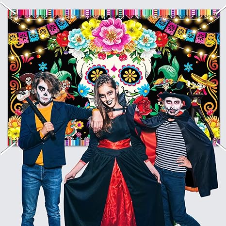 Day of The Dead Backdrop Banner, Extra Large Dia De Los Muertos Banner Skull Mexican Photo Background Party Decorations for Halloween Day of The Dead Decorations, 70.8&#xD7;43.3inch