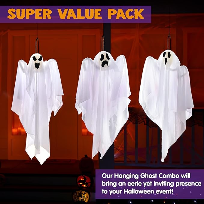 3 Pack Halloween Party Decoration 27.5&#x22; Hanging Ghosts, Cute Flying Ghost for Front Yard Patio Lawn Garden Party D&#xE9;cor and Holiday Decorations