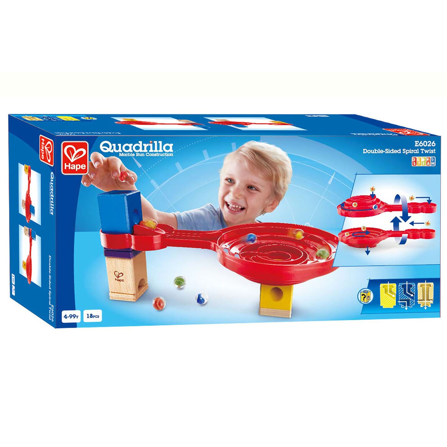 Hape: Quadrilla: Double-Sided Spiral Twist - 18pc Wooden Toy Accessory, 8 Marbles, Accelerator, For Use With Quadrilla Marbel Runs, Kids Ages 4+