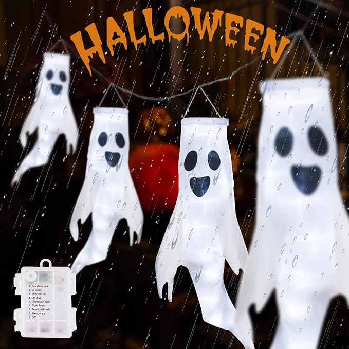 Halloween 4 Ghost Windsocks with Remote Control LED String Lights, Outdoor Halloween Hanging Decorations Battery Powered, Waterproof Ghosts, Cute Decorations for Halloween Party Yard Tree