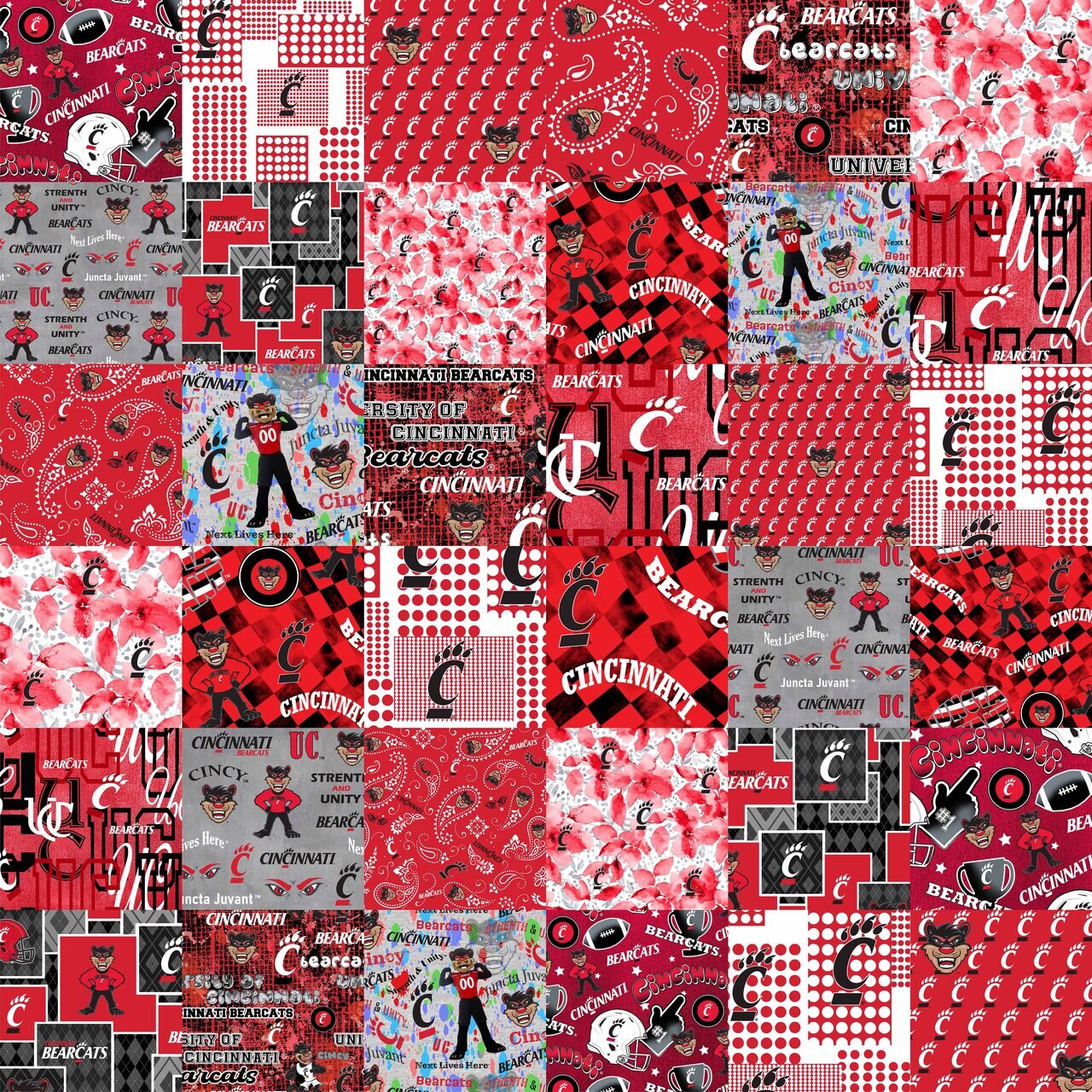 Sykel Enterprises-University of Cincinnati Cheater Quilt Printed Cotton Fabric-Cincinnati Bearcats Cotton Fabric with Patchwork Cheater Quilt Print-60” Width