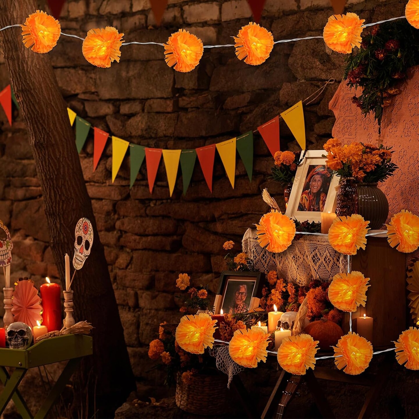 3 Pack Day of The Dead Lighted Marigold Garland 10 LED Artificial Marigold Flowers String Lights Dia de Los Muertos Decorations for Halloween Diwali Indian Party (3, 5 Ft 10 LED)