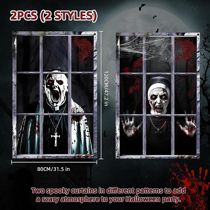 2 Pack Halloween Ghost Curtain Decorations Halloween Window Scary Male Female Blood Ghost Window Cover Halloween Window Poster for Indoor Outdoor Party Decor (Priest Ghost)