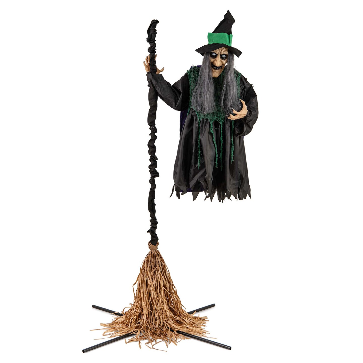 Costway Witch on Broom Halloween Animatronic Life Size Halloween Prop with LED Lights Laughing and Screaming