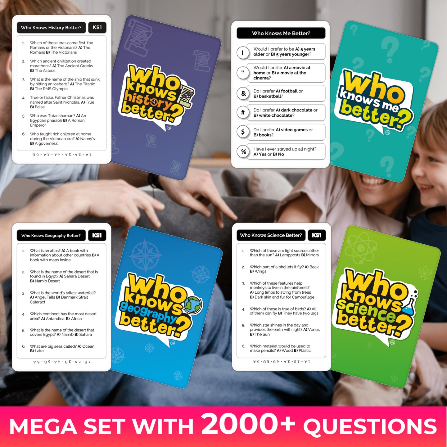 QUOKKA Set 4 in 1 Who Knows Better? - History &#x26; Geography &#x26; Science &#x26; ME Trivia Card Game - Fun &#x26; Educational Quiz Questions for Children &#x26; Families - Suitable for Boys &#x26; Girls Ages 5+