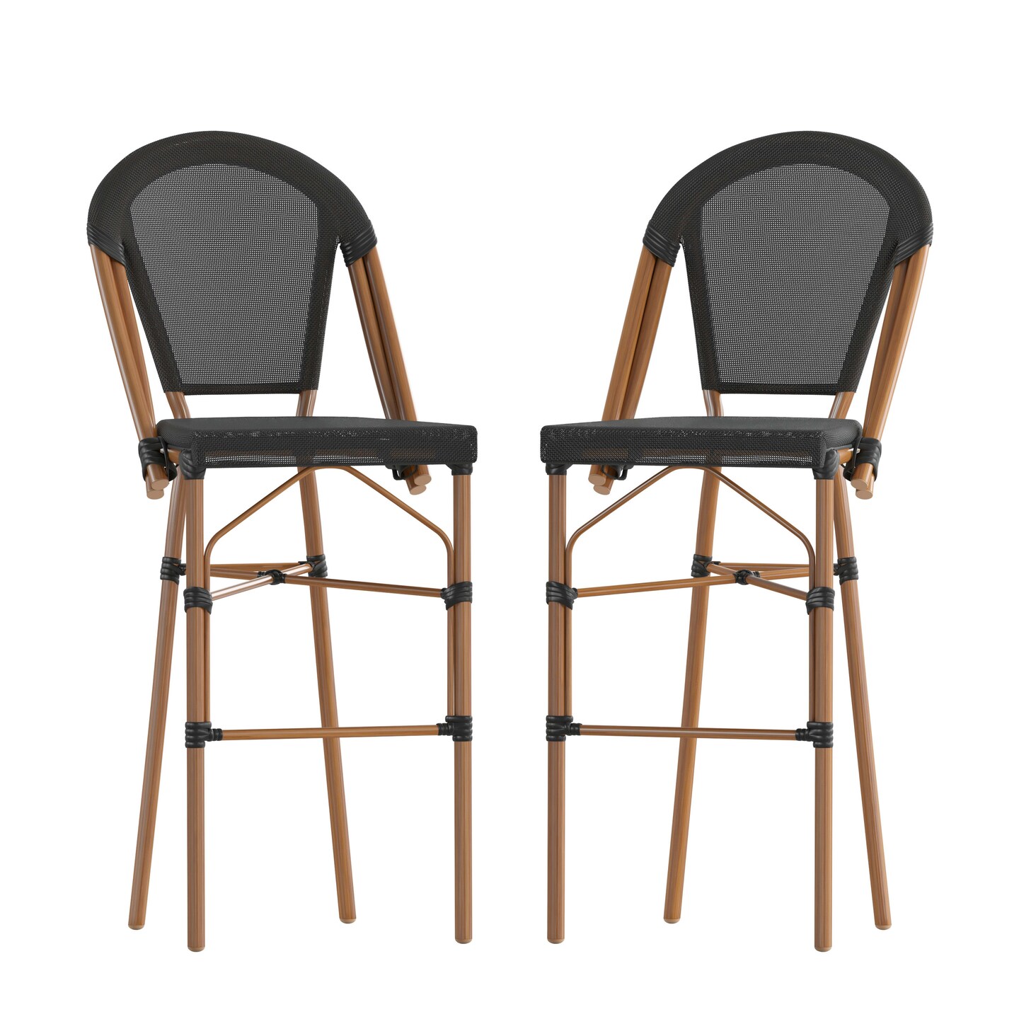 Merrick Lane Mael Set of Two Stacking Bistro Style Bar Stools with Textilene Backs and Seats and Metal Frames for Indoor/Outdoor Use
