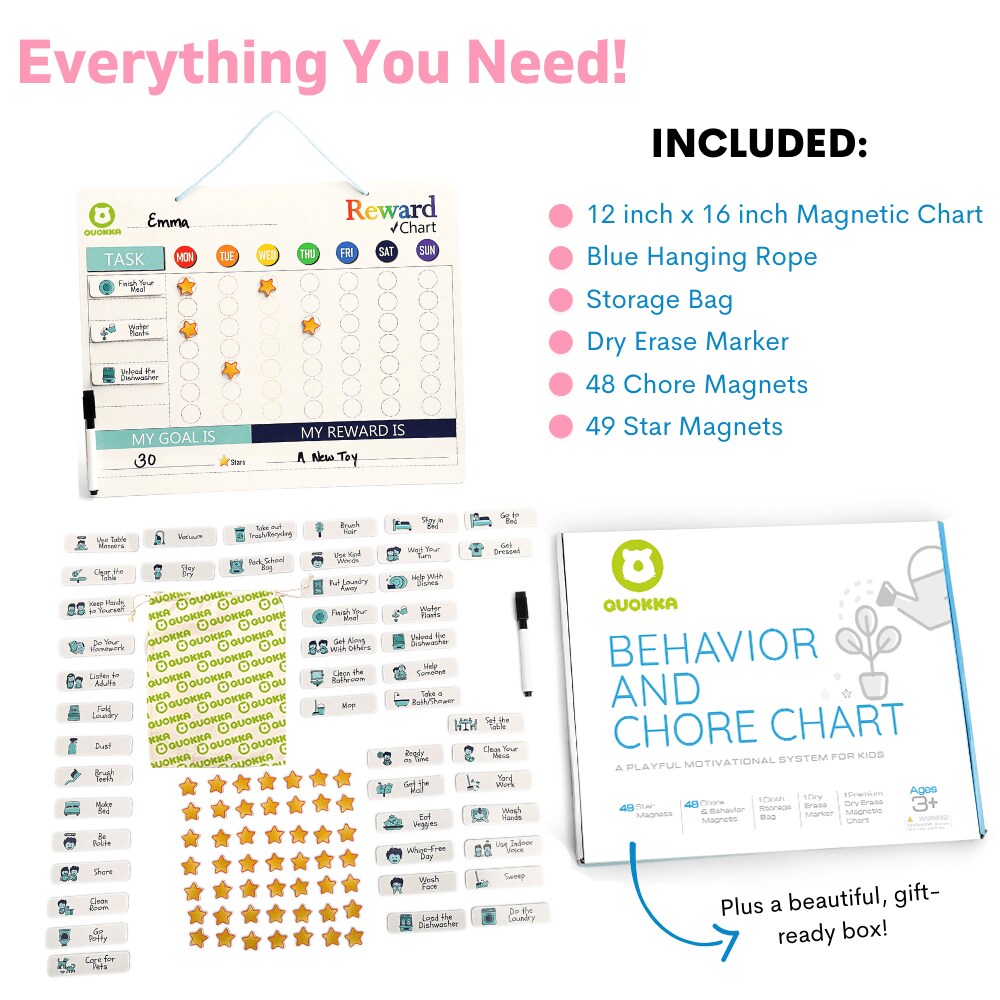 QUOKKA Magnetic Behavior Chore Chart for Kids at Home - Gift Reward Visual Schedule Chart - Dry and Erase Routine and Responsibility - Use 99 Magnets, Markers, Stickers - From Toddlers to Teens