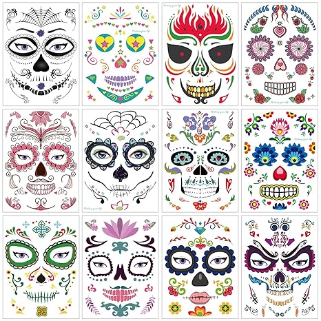 Halloween Temporary Face Tattoos (12Pack), Konsait Day of the Dead Sugar Skull Floral Black Skeleton Web Red Roses Full Face Mask Tattoo for Women Men Adult Kids Boys Halloween Party Favor Supplies