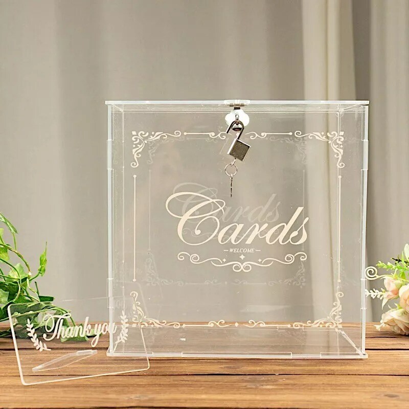 10&#x22; Clear Acrylic Wedding Gift Card Box Lock Key Thank You Sign Party Events