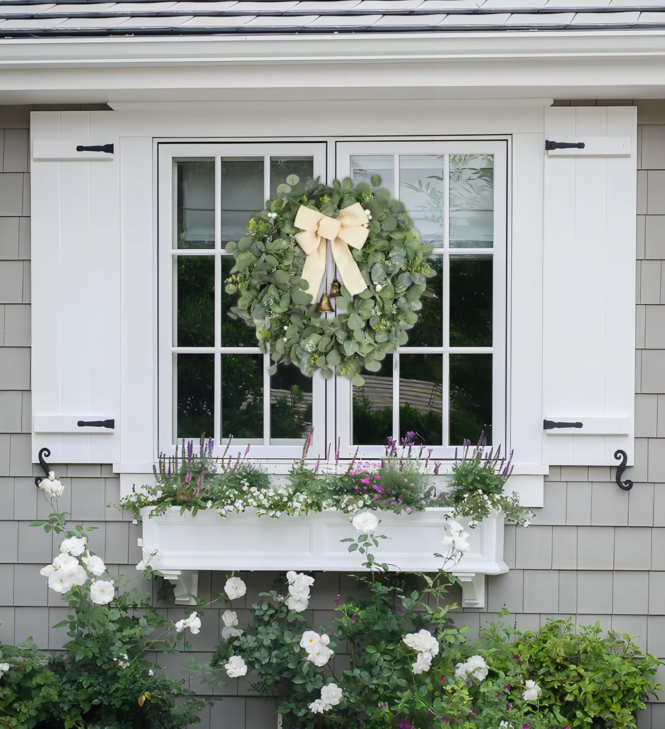 Large Eucalyptus Wreath with Burlap Bow and Metal Bells for Front Door