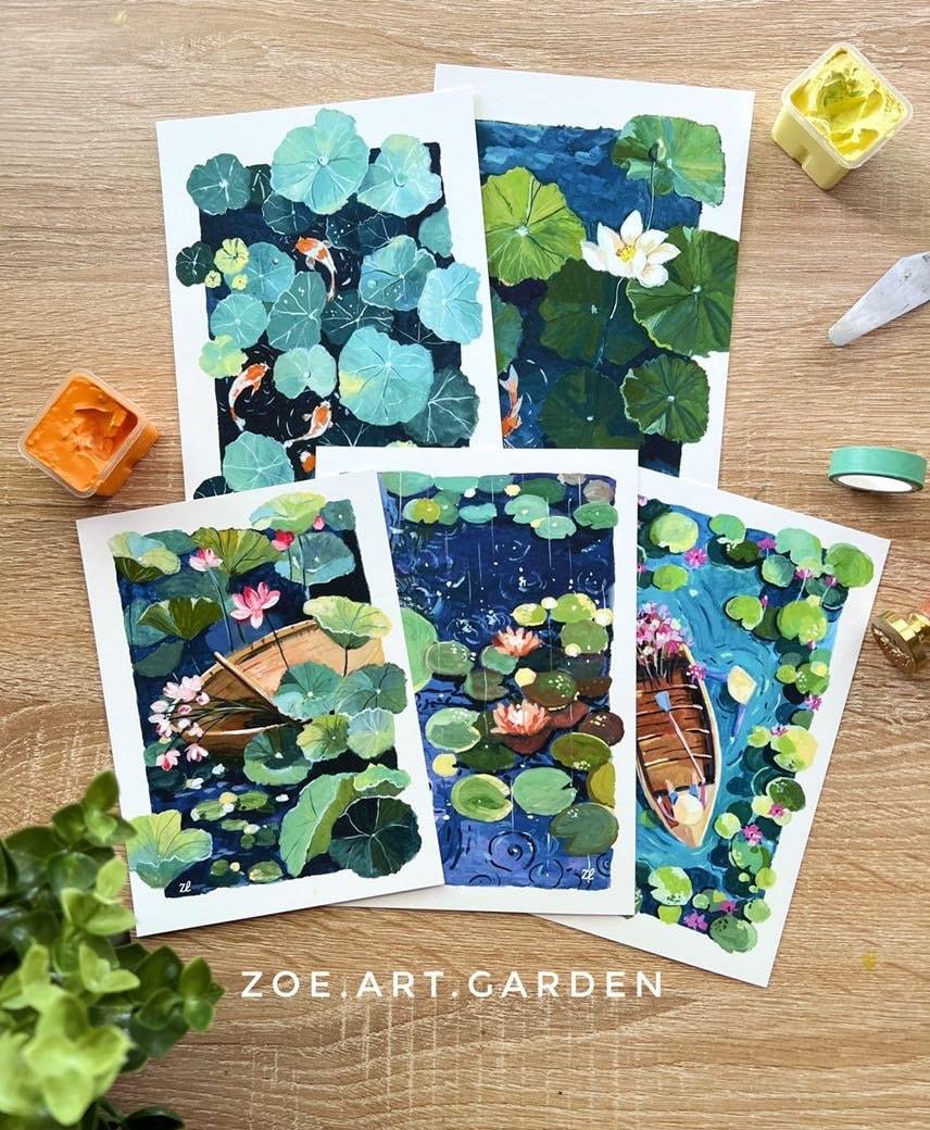 5x7 Zen Series Postcards - Lotus painting - Flowers Painting