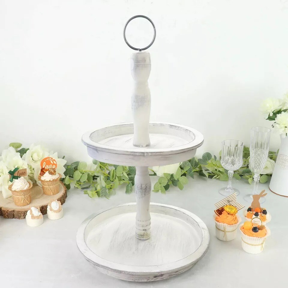 White 20&#x22; Round 2 Tier Wooden Cupcake Stand Dessert Serving Tray Party Events