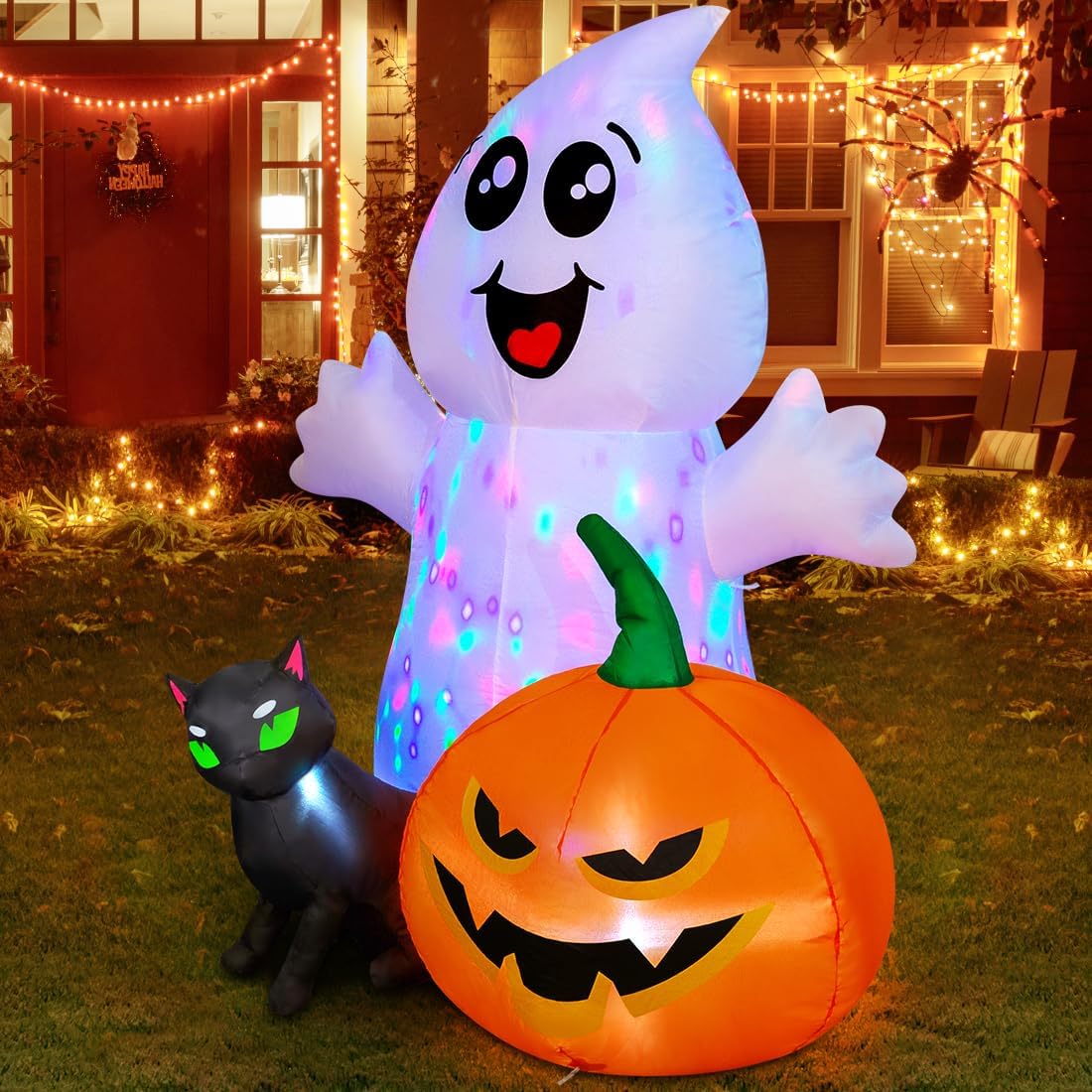 Halloween Inflatable 5FT Ghost with Black Cat and Pumpkin