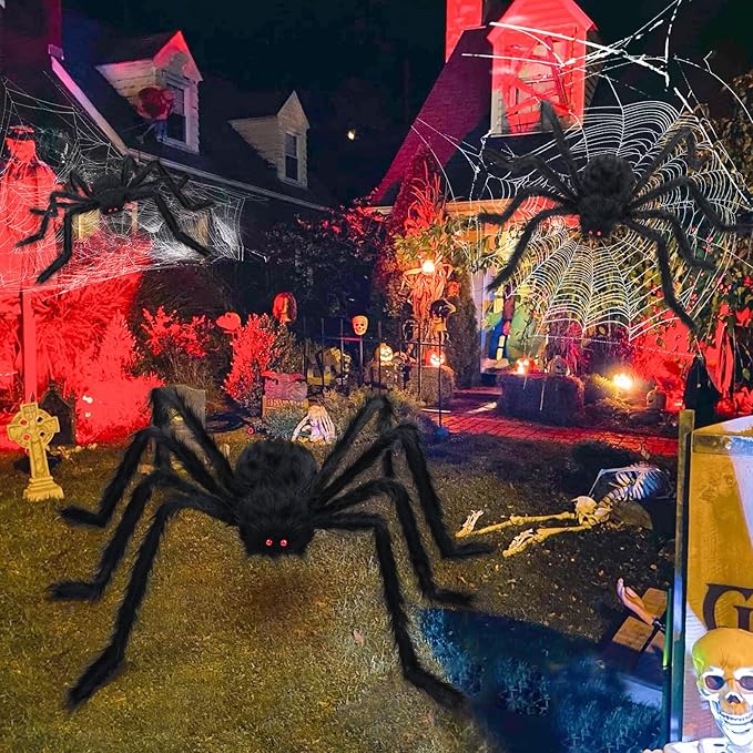 3PCS Giant Spiders Halloween Decorations for Indoor Outdoor Halloween Decor Fake Realistic Large Hairy Halloween Spiders for Outside Home Office Wall Yard Parties