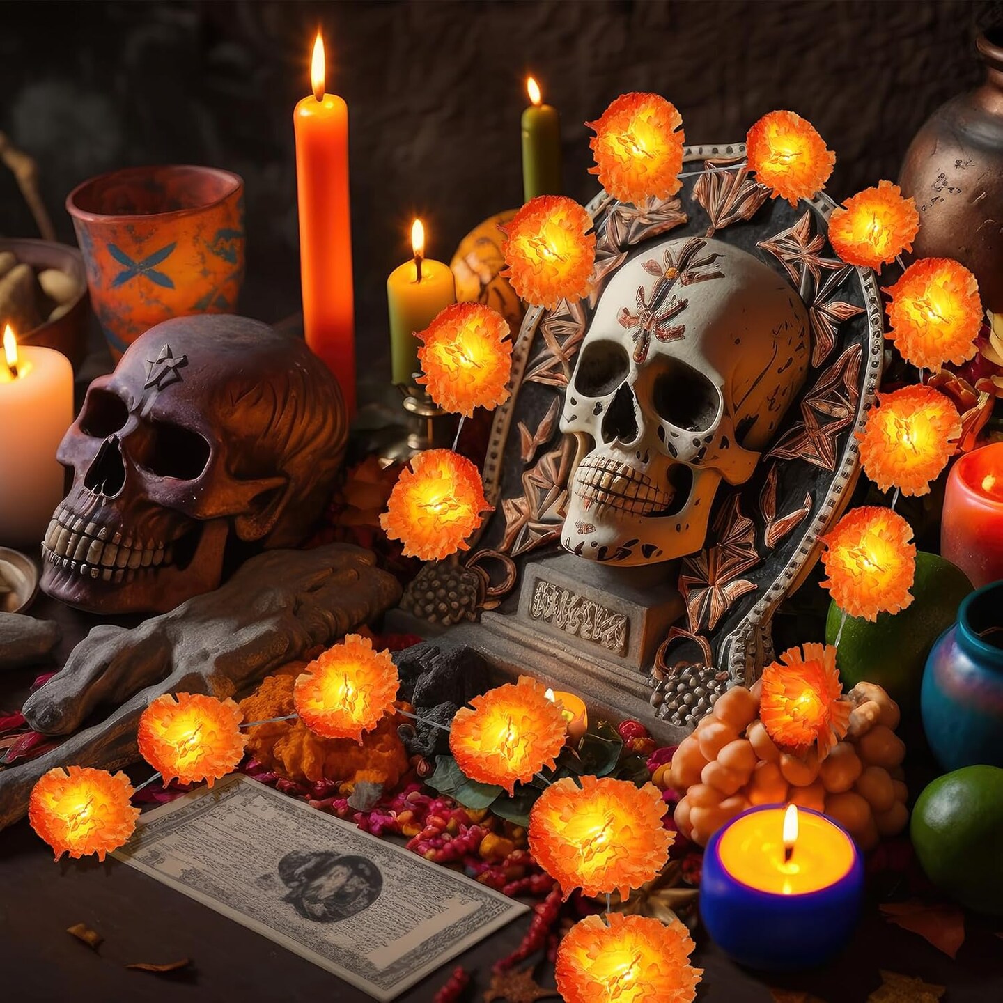 3 Pack Day of The Dead Lighted Marigold Garland 10 LED Artificial Marigold Flowers String Lights Dia de Los Muertos Decorations for Halloween Diwali Indian Party (3, 5 Ft 10 LED)