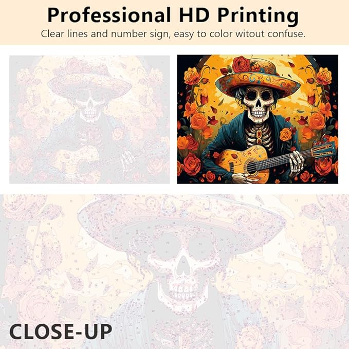 Skull Paint by Number for Adults Beginner with 3 Brushes Mexican Day of the Dead Acrylic Painting by Numbers Kits Skull Playing Guitar DIY Oil Painting Kits Gift Art Crafts for Home 16&#x22;x20&#x22; Frameless