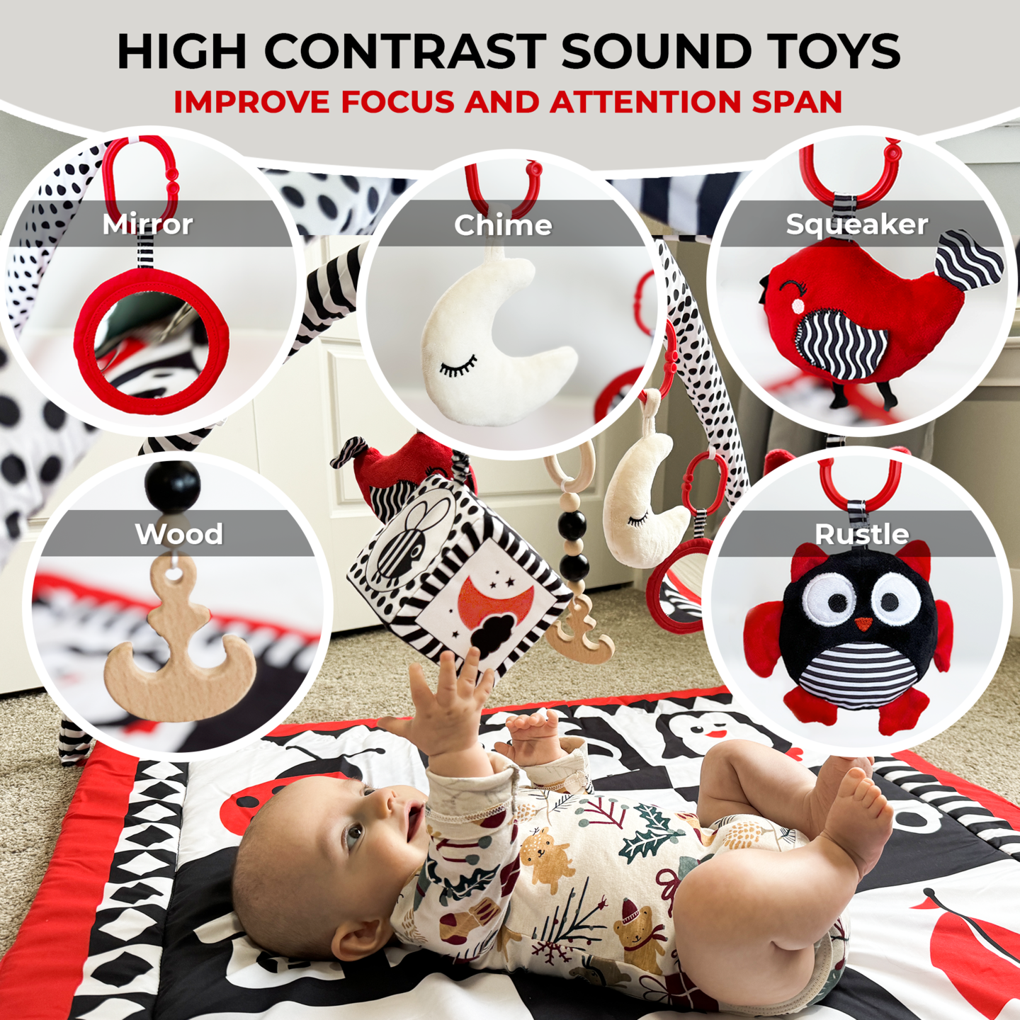 QUOKKA Padded Baby Mat for Floor Tummy Time - High Contrast Baby Kick and Play Mat - 6 Toys | Thick Pad | Machine Washable | Black White Red Colors for Vision Development