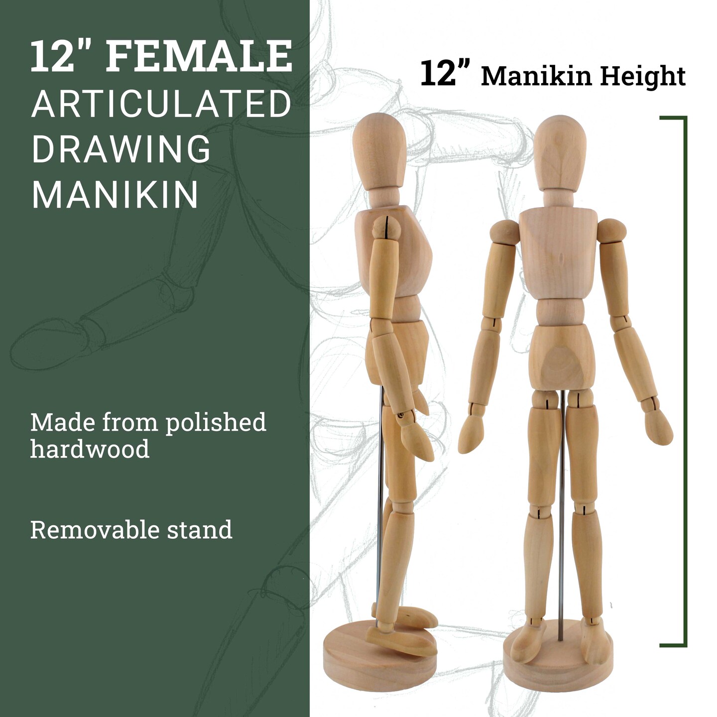 Wood 12&#x22; Artist Drawing Manikin Articulated Mannequin with Base and Flexible Body - Perfect For Drawing the Human Figure (12&#x22; Female)