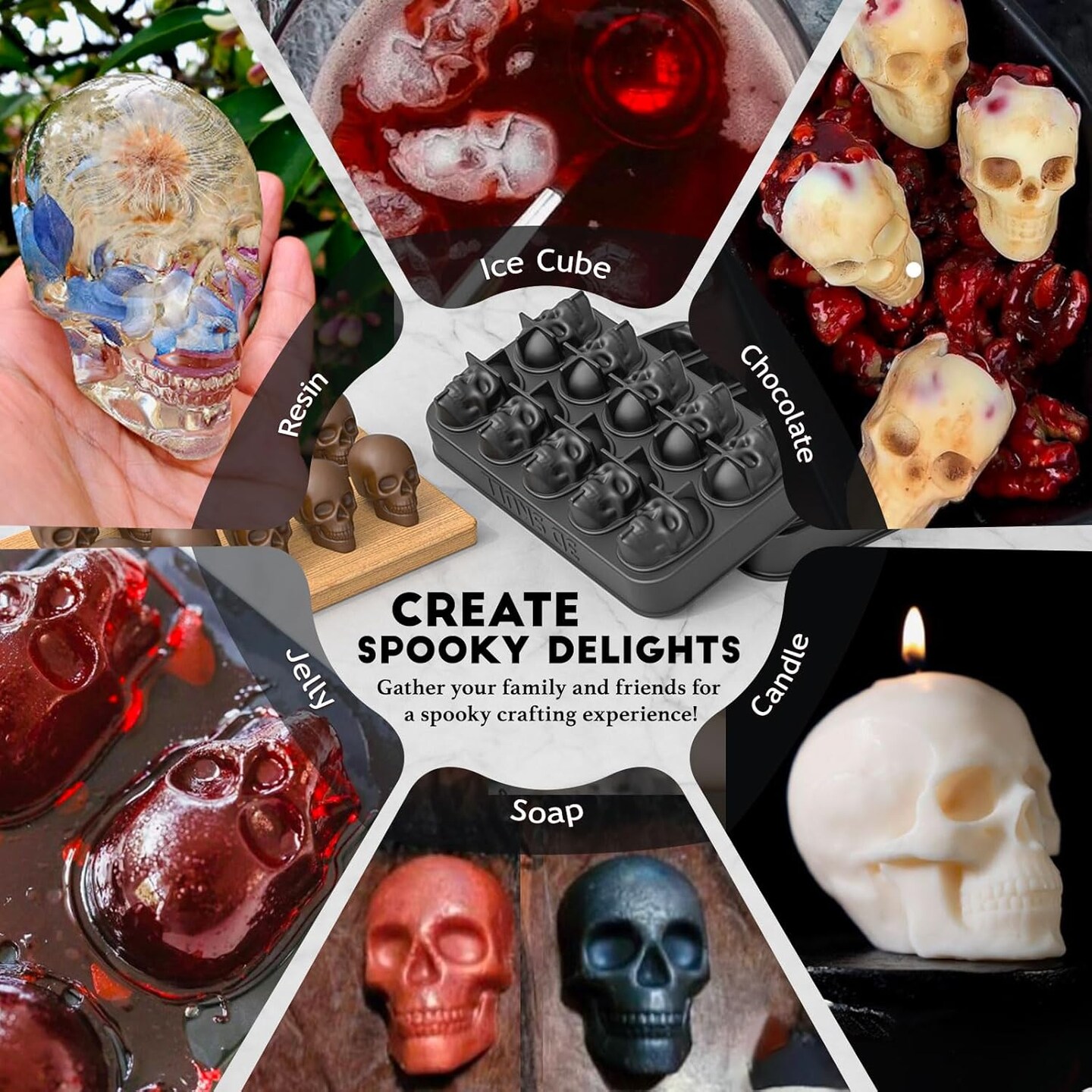 Skull Ice Cube Mold Silicone 3D Tray 10 Cavities, BPA-Free Skeleton Head Chocolate Moulds Candy Maker, Flexible & Easy Release for Baking Whiskey Cocktail Pudding Resin, Ideal Gift for Halloween Party