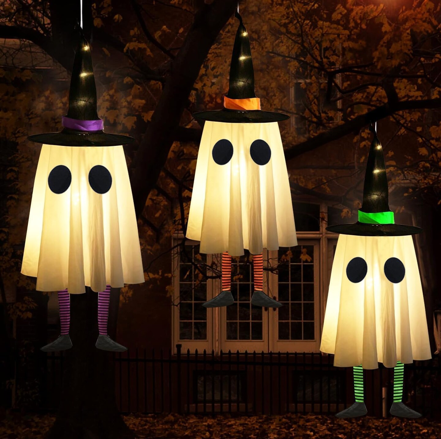 Set of 3 Halloween Hanging Ghosts, Halloween Decorations Outdoor Hanging Ghosts with Witch Hat,Glowing Ghost Witch Hat Lights, Halloween Ghost Decor for Yard Patio Garden Tree Outside(3 Ghost Lighted)