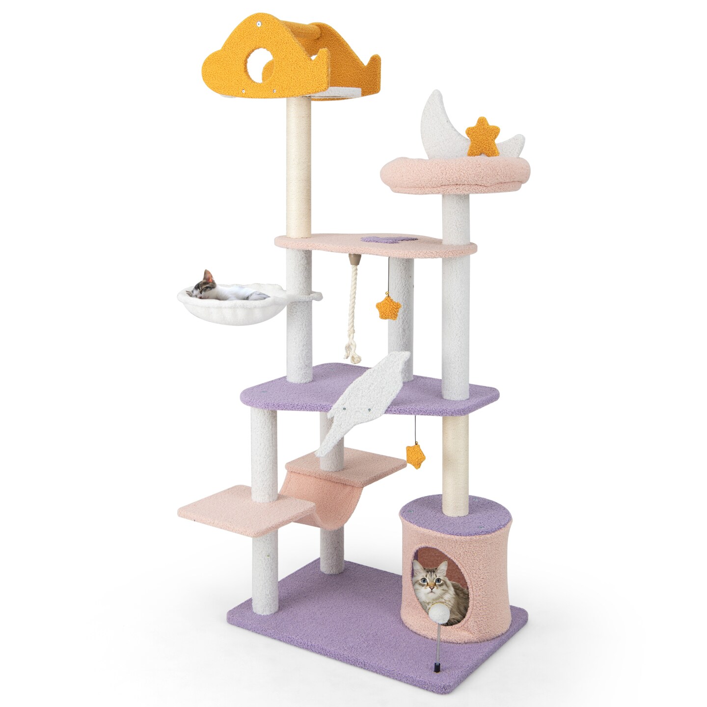 66&#x22; Cute Cat Tree Cats Multi-level Tall Cat Tower w/ Sisal Covered Scratching Posts-Purple