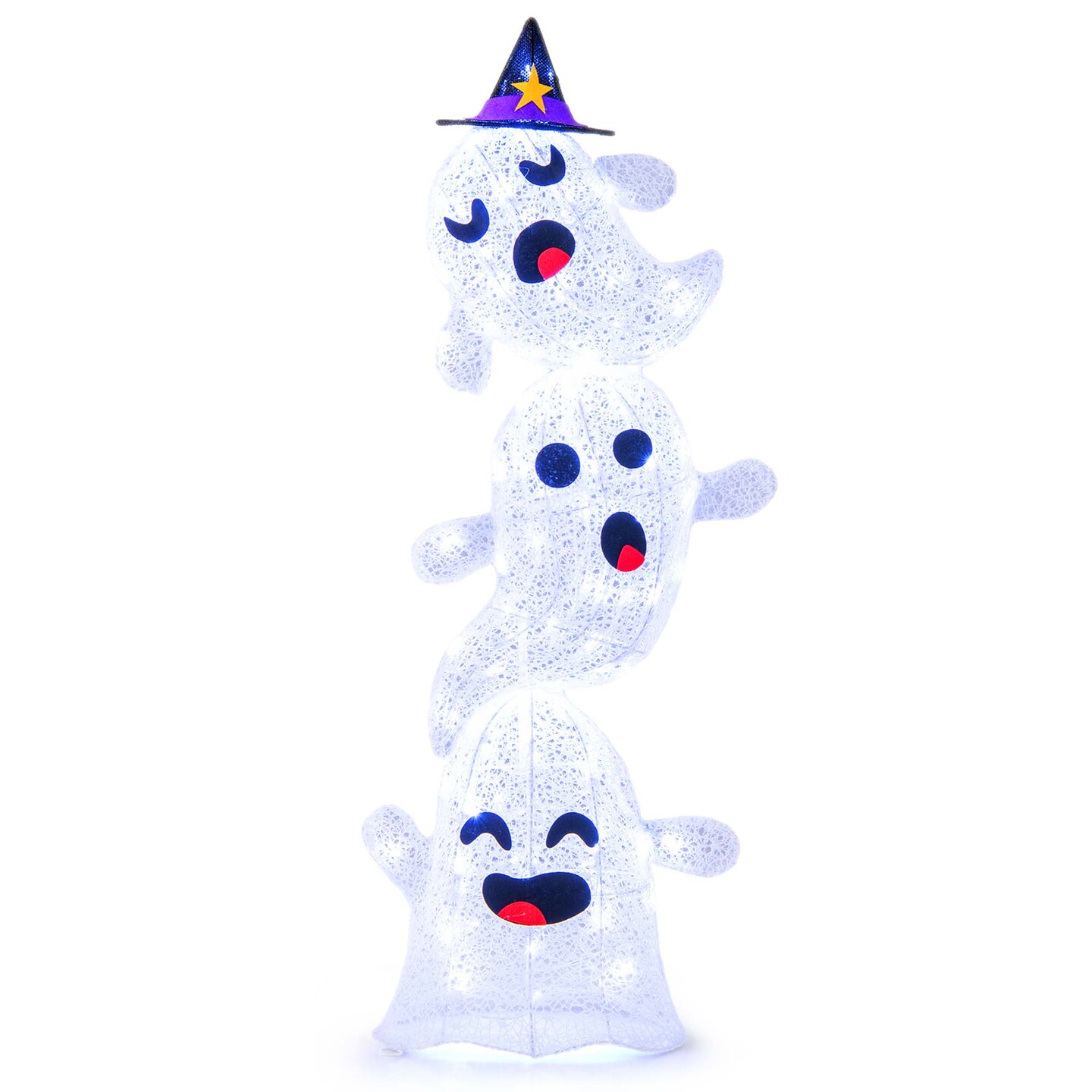 Costway 4 FT Lighted Stacked Ghosts Standing Halloween Decoration with 120 LED Lights and 4 Metal Ground Stakes