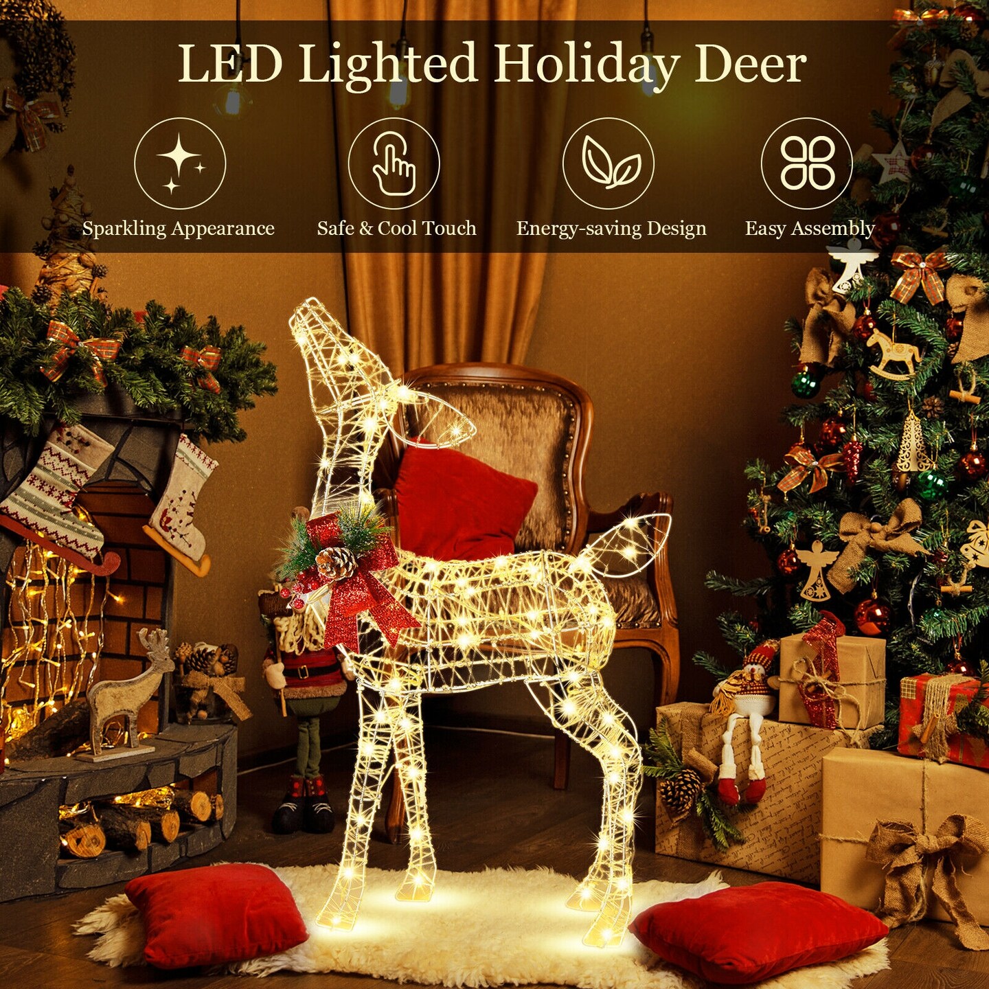 Lighted Reindeer Christmas Decoration with 50 LED Lights, Steel Frame, Waterproof Tinsel and Stakes