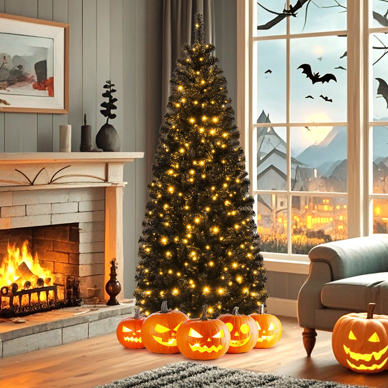 6/7 Ft Pre-Lit Black Christmas Tree Artificial Pvc Slim Pencil Halloween Tree