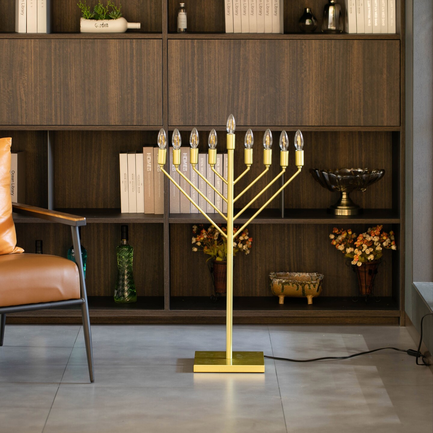 Large Modern Antique Nine Branch Electric Chabad Style Hanukkah Menorah with Flame Shaped LED Bulbs