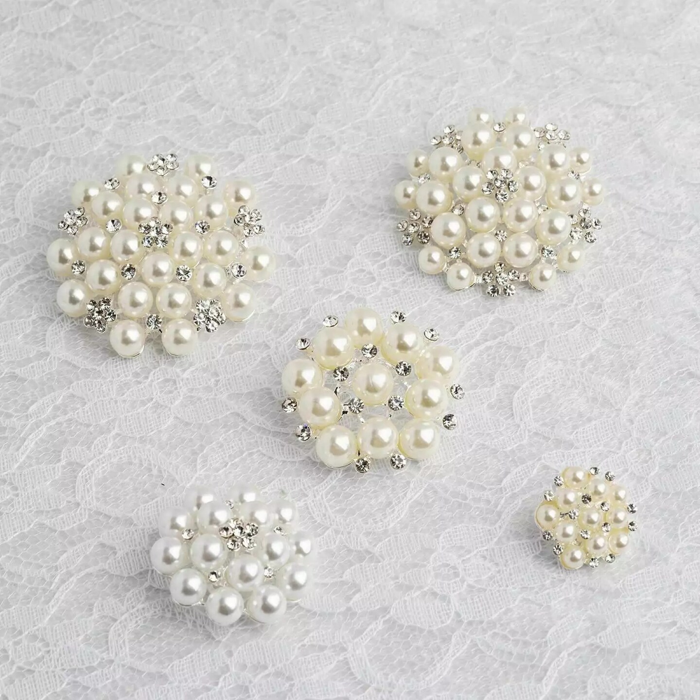 10 pcs Ivory White Metal Brooches Pins Flowers Pearls Rhinestones Decorations