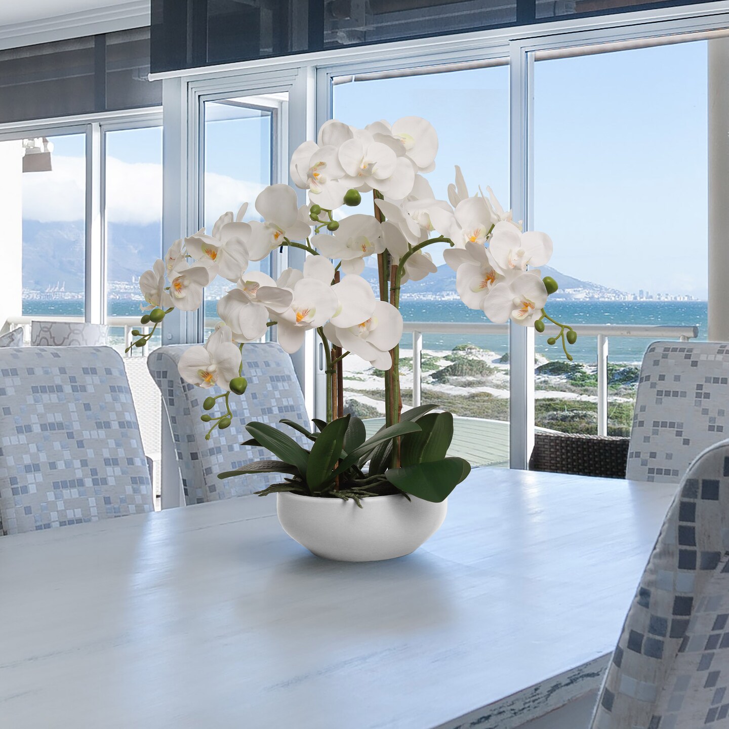 20" White Phalaenopsis Orchid Flowers in 8" Round White Pot - Elegant Artificial Orchid Plant for Home, Office, or Event Decor - Floral Home by Artificial Flowers