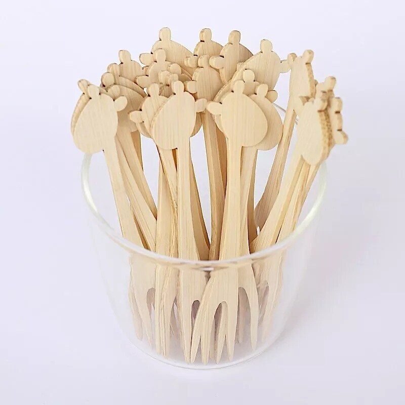 100 Natural Sustainable Bamboo Mini Forks Giraffe Cocktail Picks Party Events