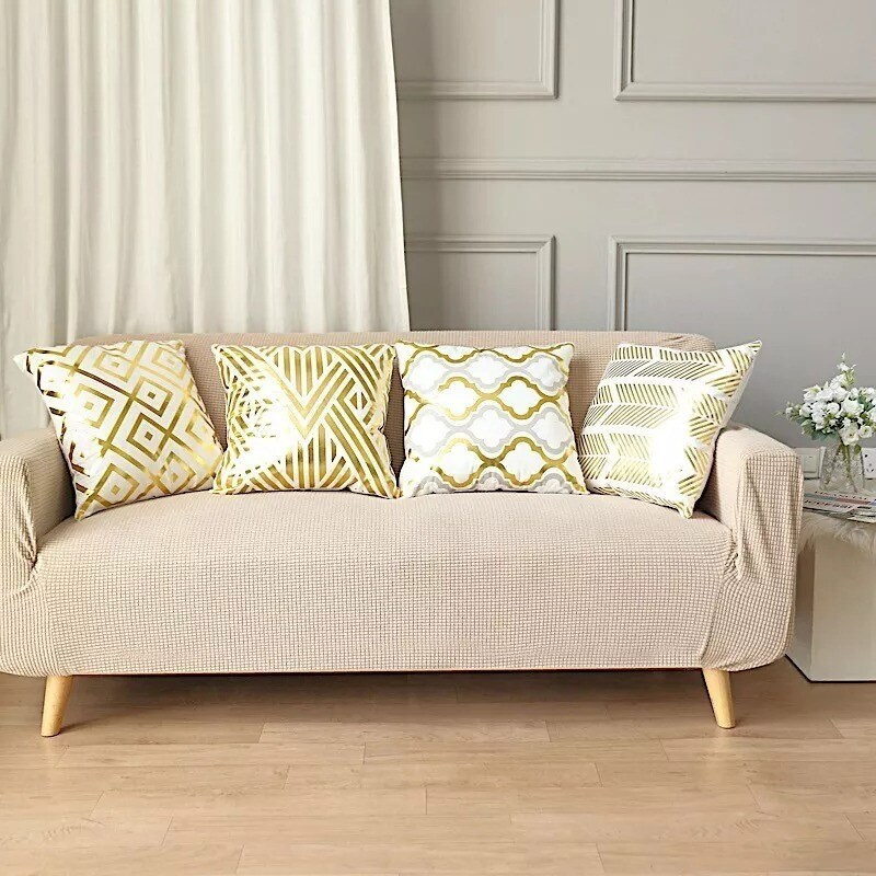 4 Square 18" x 18" White Velvet Throw Pillow Covers Gold Geometric Print Home