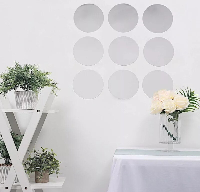 12 Silver 8&#x22; Round Acrylic Stickers Mirror Wall Decals Dorm Rooms Decorations