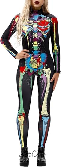 Women Halloween Party Costume Skull Print Long Sleeve Jumpsuit Outfit
