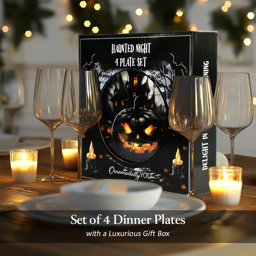 Haunted Night Set of 4 Plates, Black Halloween Tableware Collection for Salad, Dessert, Appetizer, and Side Plates