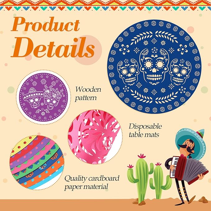 56 Pcs Day of The Dead Skull Placemats 13&#x22; x 13&#x22; Dia De Muertos Disposable Place Mat Paper Colorful Mexican Sugar Skulls Round Table Placemat for Halloween Table Decor Kitchen Dining