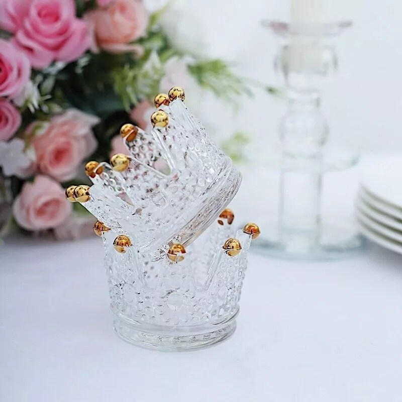 Clear Gold 6 Crown 3&#x22; x 2&#x22; Crystal Glass Candle Holders Beaded Tips Party Events