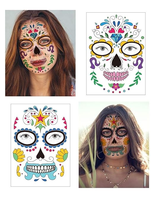 Day of the Dead Sugar Skull Tattoos Halloween Temporary Face Tattoos Sugar Skull Puppy Black Skeleton Web Red Roses Tattoo for kids Boys Girls Mexican Halloween Party Favor Supplies