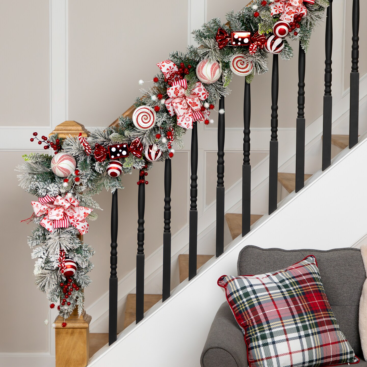 Northlight Heavily Flocked Pine with Candy Cane Striped Bows Artificial Christmas Garland - 6&#x27; x 8&#x22; - Unlit